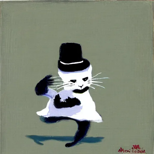 Image similar to a painting of a hasidic humanoid cat doing breakdance for money by miyazaki