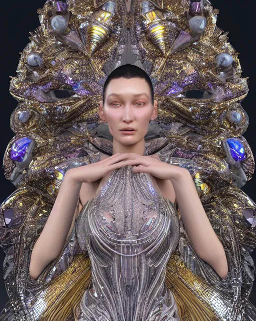 Image similar to a highly detailed metahuman 4 k close up render of an alien goddess bella hadid monument techno in iris van herpen dress schiaparelli in diamonds crystals swarovski and jewelry iridescent in style of alphonse mucha gustav klimt trending on artstation made in unreal engine 4