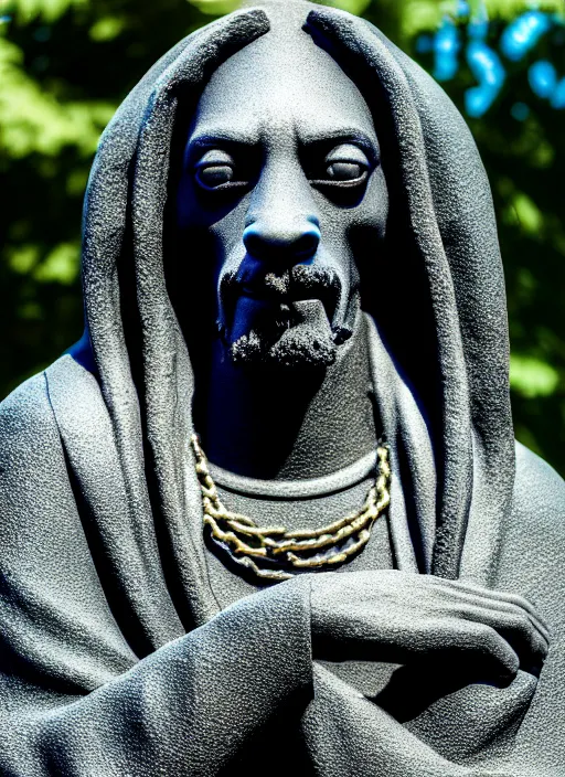 Prompt: snoop dog as black basalt statue, in marijuanas gardens, soft surface texture, very realistic 3 d render, soft sun lights, 4 k, high detailed photography result, 5 0 mm lens, rich deep colors, smooth gradients, depth of field, cinematic, hyper realism, high detail, octane render, unreal engine, 8 k, vibrant colors