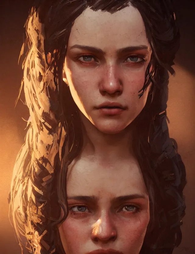 Prompt: close face portrait of a young female waitress as red dead redemption 2 concept art, art by ryo shiotani and greg rutkowski, intricate, beautiful, cute, cinematic lighting, vintage art by serge ivanoff, high resolution, very detailed