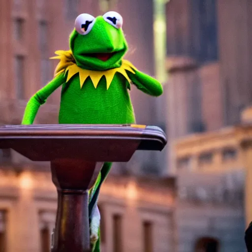 Image similar to “Kermit the Frog as president of the United States, photo journalism unreal 4k”