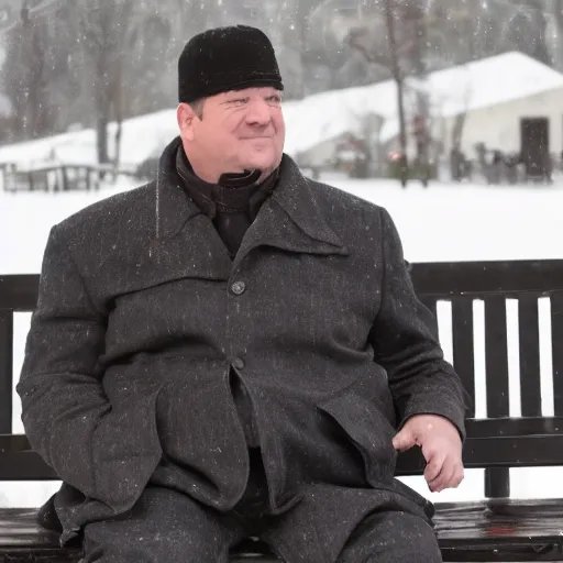 Image similar to Kevin Malone wearing a black ushanka hat and black wool overcoat sitting on a park bench during the winter