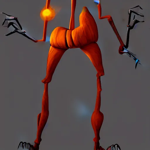 Prompt: a slender tall anthropomorphic pumpkin + tall thin body, long legs and arms, long claws + glowing eyes + evil + trending on artstation, cgsociety, concept art, digital art, ultra HD, 4k, 8k, spooky