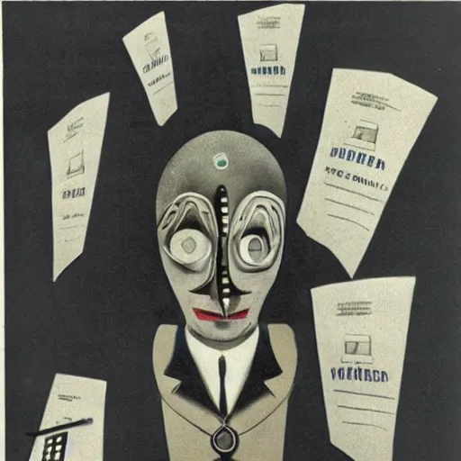 Image similar to Surreal, Dadaist art of a banker. 1930s.