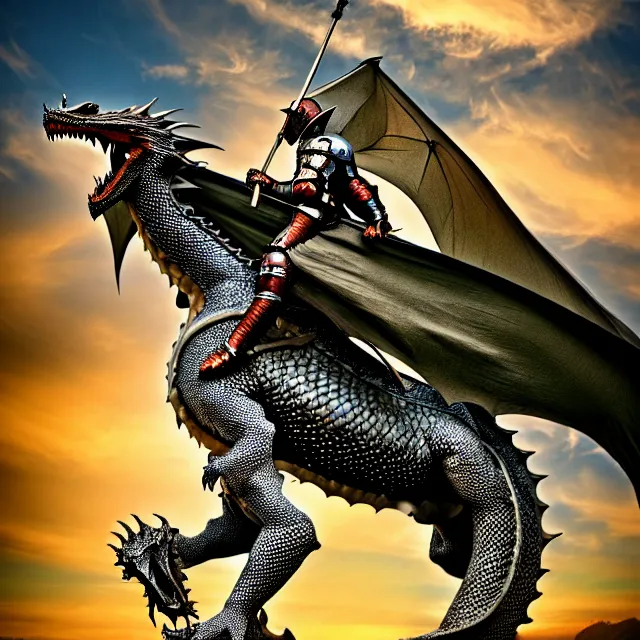 Prompt: knight riding a dragon, highly detailed, 8 k, hdr, smooth, sharp focus, high resolution, award - winning photo