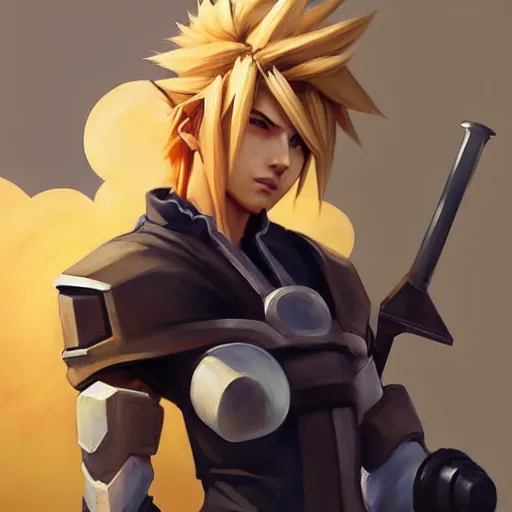 Image similar to Greg Manchess portrait painting o Cloud Strife as Overwatch character, medium shot, asymmetrical, profile picture, Organic Painting, sunny day, Matte Painting, bold shapes, hard edges, street art, trending on artstation, by Huang Guangjian and Gil Elvgren and Sachin Teng