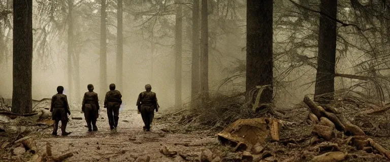 Prompt: cinema still of wwii american soldiers walking into a deserted camp full of decomposing bodies in the middle of an eerie dark forest, heavy rain, horror, highly detailed, creepy cinematic light, cooke lens 2 2 mm deep focus, horror, promotional photograph, smooth, sharp focus, golden ratio, dramatic illumination, ultra realistic, 4 k, shot by christopher nolan and steven spielberg