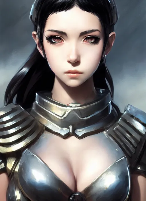 Image similar to Portrait of Anime girl with black hair, she is wearing metal armor around her chest and waist, realistic, detailed, 4k by Greg Rutkowski Mark Arian trending on artstation