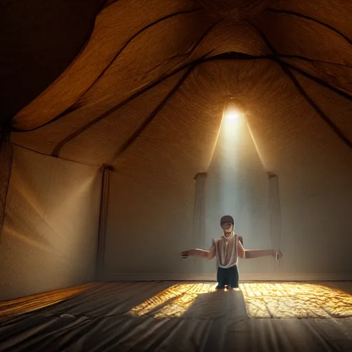 Image similar to 12 year old middle eastern skinned boy with short hair and Biblical clothing sleeping. Interior of ancient tent. Nightime. Light rays shine onto his body. Miraculous. Spiritual. dramatic angle, 8k hdr pixiv dslr photo by Makoto Shinkai and Wojtek Fus