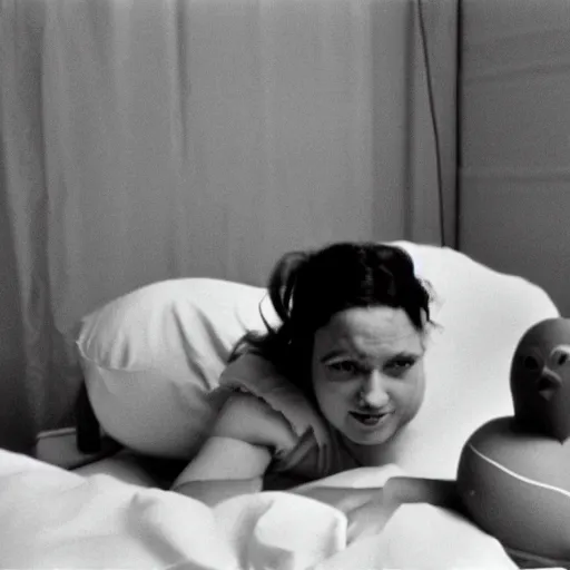 Prompt: woman who has given birth to a squishy inflatable toy, in hospital bed, French film, archival footage, technicolor film expired film, 16mm