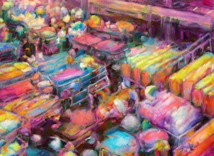 Image similar to clean impasto expressionist bright cheery placid pastel deep cozy moody cluttered painterly fluffy tiny cramped live pet store, aisles of aquariums, slanted ceiling, tiny space, particulate, trending on pixiv