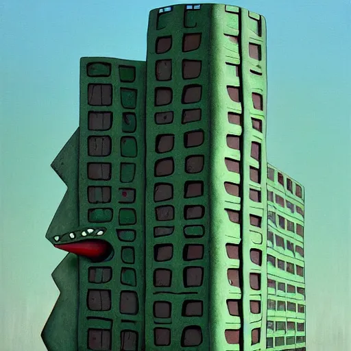 Image similar to a real concrete building with anthropomorphic qualities. one building that reminds me of a green lizart with a red mouth. clearly a building. a painting of sceptile by yves tanguy ricardo bofill