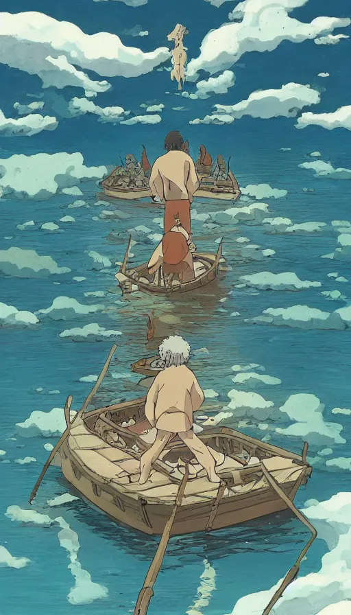 Prompt: man on boat crossing a body of water in hell with creatures in the water, sea of souls, by studio ghibli