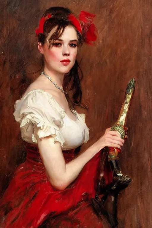 Image similar to Richard S. Johnson and Solomon Joseph Solomon and Richard Schmid and Jeremy Lipking victorian genre painting full length portrait painting of a young beautiful woman traditional german french barmaid in fantasy costume, red background