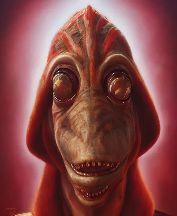 Prompt: dignified portrait of jar - jar binks as the queen of england, art by tom bagshaw and doug chiang and manuel sanjulian, hyperrealism, star wars 🇬🇧