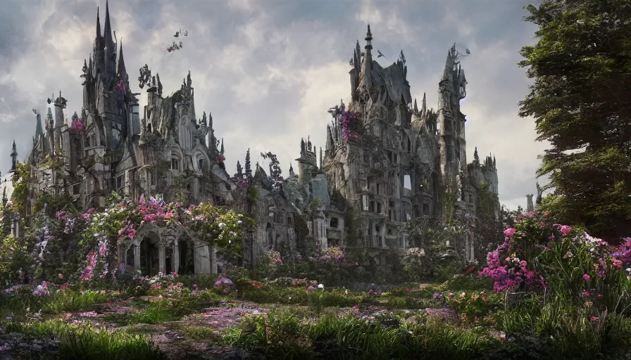 Image similar to Destroyed Neo-Gothic castle covered by flowers in a middle of a plain, hyperdetailed, artstation, cgsociety, 8k