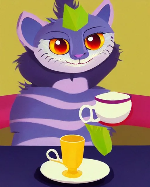 Image similar to cheshire cat drinking tea, by james gilleard, character art, art, very coherent, plain background, lighthearted, soft painting