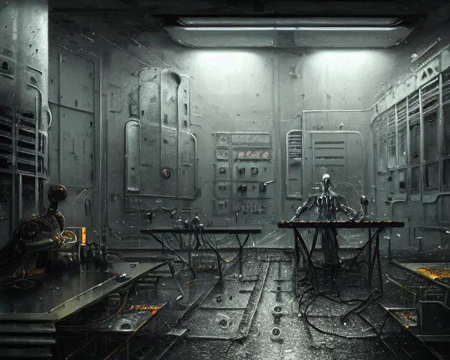 Image similar to gloomy ruined server room in datacenter robot figure automata rusty steel robot knight colossus welder posing pacing fixing soldering mono sharp focus, emitting diodes, smoke, artillery, sparks, racks, system unit, motherboard, by pascal blanche rutkowski repin artstation hyperrealism painting concept art of detailed character design matte painting, 4 k resolution blade runner