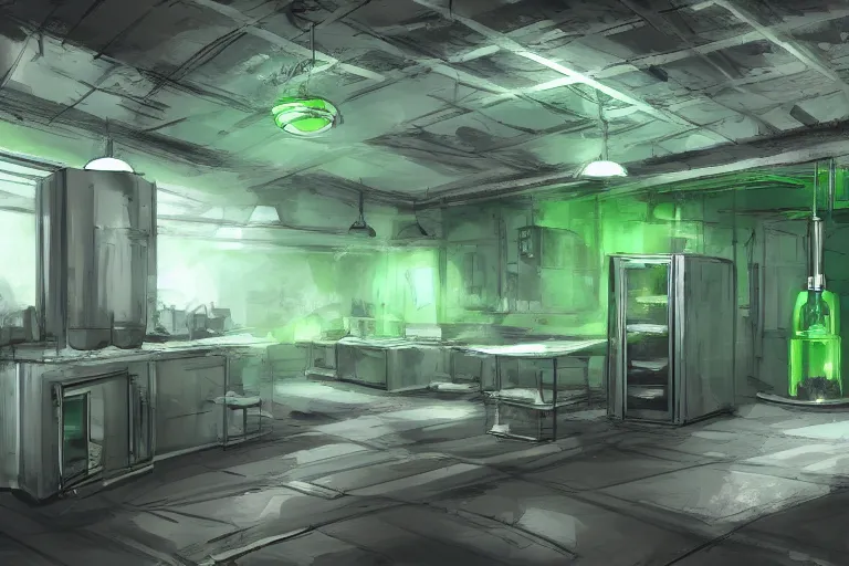 Prompt: underground lab kitchen, green water, foggy, concept art