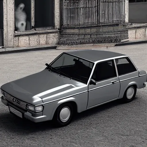 Image similar to cheap, silver paint sedan Lada priora car, broken front, front view, heavy grain, hyperrealistic render, daylight, ray tracing, street photo