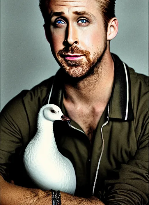 Image similar to ryan gosling fused with a goose, natural light, bloom, detailed face, magazine, press, photo, steve mccurry, david lazar, canon, nikon, focus