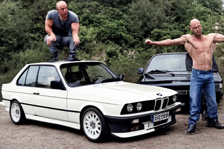 Prompt: Angry Jason Statham lifts BMW e30 in his arms,