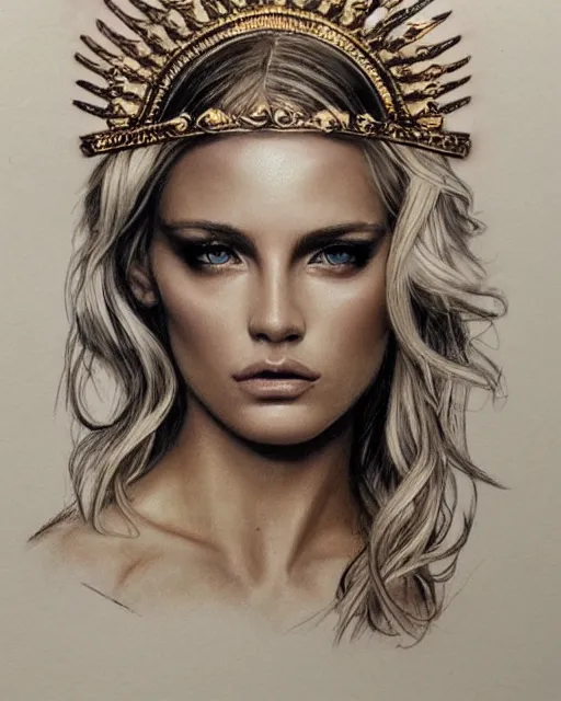 Image similar to tattoo sketch of hot blonde super model as aphrodite greek goddess wearing a gold laurel wreath and triangle earrings, beautiful piercing gaze with sharp pupils, in the style of greg rutkowski, fantasy, amazing detail, epic, elegant, smooth, sharp focus, front view