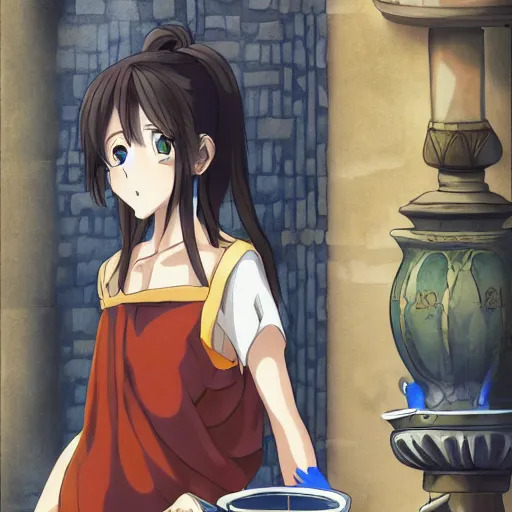 Prompt: an anime waifu in a greek attire pouring water out of a vase into a fountain, spanish ghibli alleyway, symmetrical face, symmetrical eyes, detailed and defined eyes,