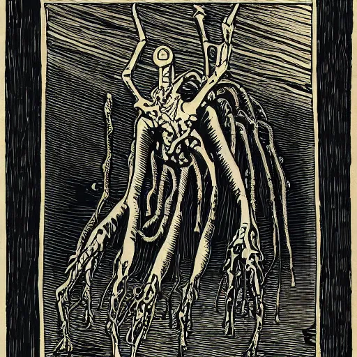 Image similar to bacteriophage woodcut by gustave dore, artstation