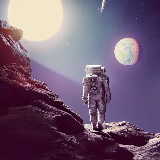 Image similar to one astronaut on the moon, beautiful dynamic lighting, cinematic, wide angle establishing shot, extremely high detail, photo realistic, cinematic lighting, post processed, concept art, artstation, matte painting, style by frederic church, raphael lacoste, unreal engine 8 k