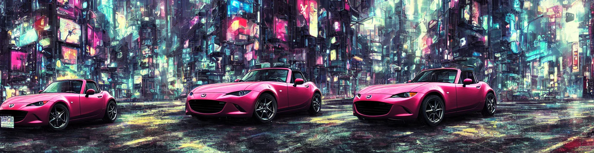 Prompt: mazda miata in a cyberpunk city, digital art