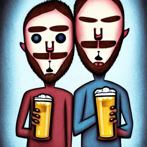 Image similar to two beautiful chad men drinking beers, !!!hearts!!!, friendship, love, sadness, dark ambiance, concept by Godfrey Blow, featured on deviantart, drawing, sots art, lyco art, artwork, photoillustration, poster art