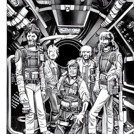 Image similar to scruffy punk starship crew in engine room of nostromo, extraterrestrials, alien 1 9 7 9, ron cobb, jim henson creature shop, mike mignogna, highly detailed, comic book, science fiction, used future