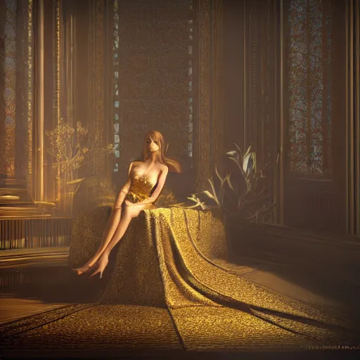 Prompt: an incredibly beautiful and elegant woman covered in intricate gold leaf detail in a gothic hotel room with soft indirect lighting, an ultrafine detailed illustration by victoria frances, final fantasy, cinematic colors, behance contest winner, unreal engine 5 highly rendered, global illumination, radiant light, detailed and intricate environment