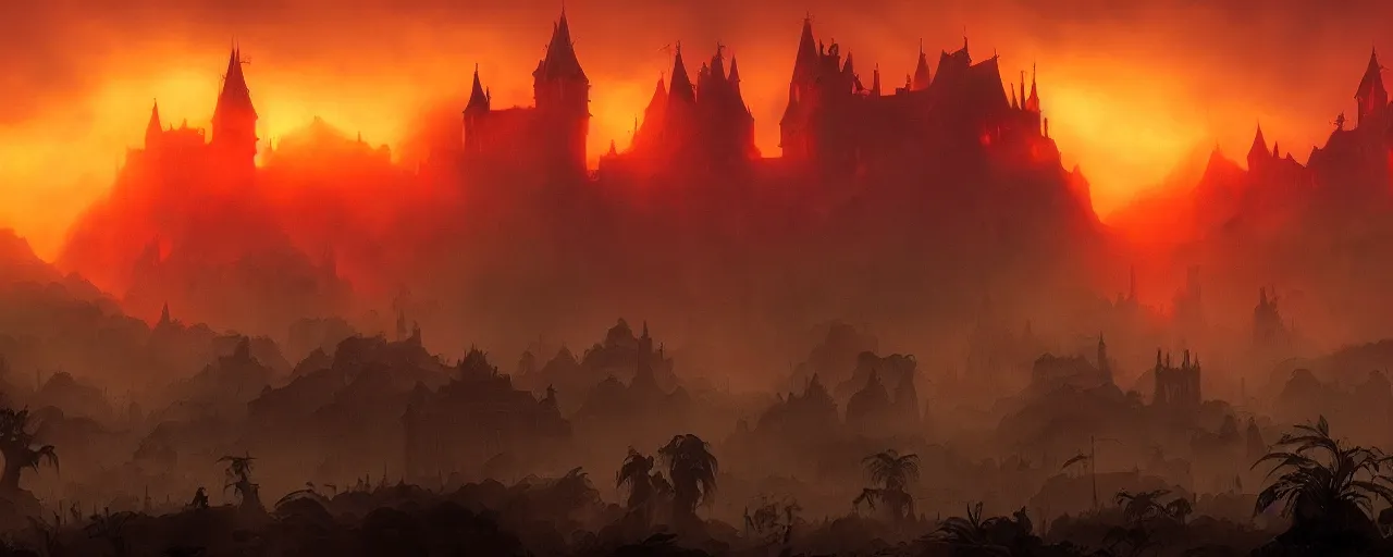 Image similar to mystic foggy cinematic jungle panorama with corpses of monsters on the ground, red sunset ,backlight , castle on fire by frazetta ,detailed visible brushmarks