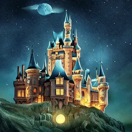 Image similar to a magnificent castle in the night sky above ocean, sense of awe, breathtaking, extremely detailed, concept art