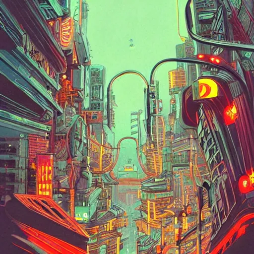 Prompt: astronaut cyberpunk surreal upside down city neon lights moebius