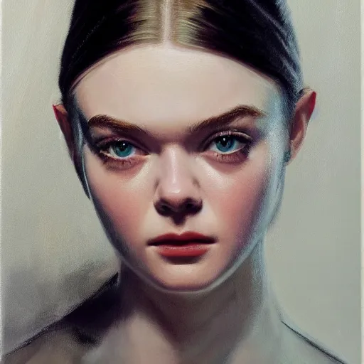Image similar to ultra realistic medium shot portrait painting of elle fanning in prey, art by frank frazetta and edward hopper, 4 k, ultra realistic, highly detailed, epic lighting