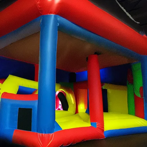 Image similar to a darkly lit indoor playplace bounce house photo taken with a deposable camera, limital space