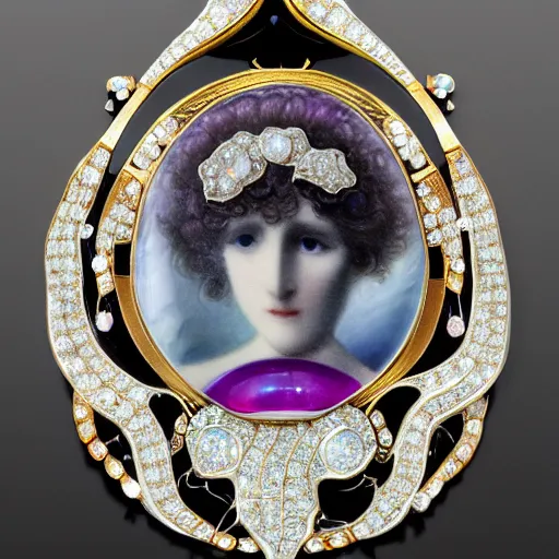 Prompt: artnouveau necklace of a woman's face with open eyes and messy hair in a bundle surrounded by gemstones highly detailed art by rene lalique