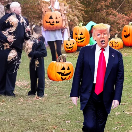 Prompt: Donald Trump in a halloween costume going trick or treating