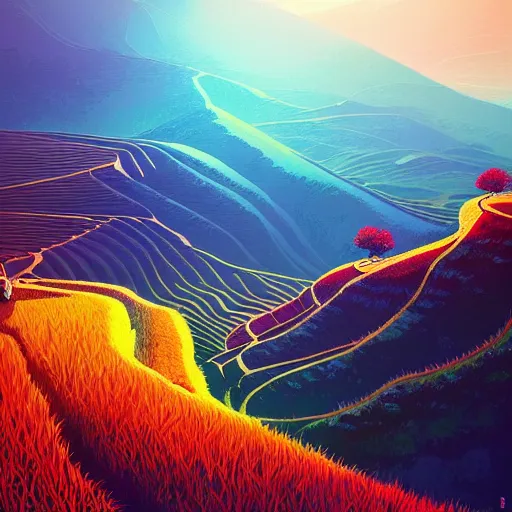 Image similar to beautiful scenery of rice terraces, by anato finnstark, by alena aenami, by john harris, by ross tran, by wlop, by andreas rocha