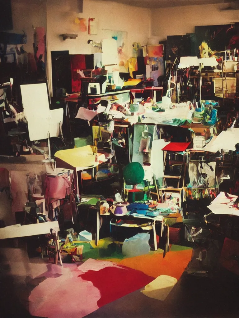 Prompt: dramatic scene shallow depth of field medium shot uncanny surreal photograph of a colorful intimate art studio in 1 9 9 5 titled'romantic theme ', photographed by william eggleston and ken price and man ray, grainy shocking detail trending on artstation 8 k