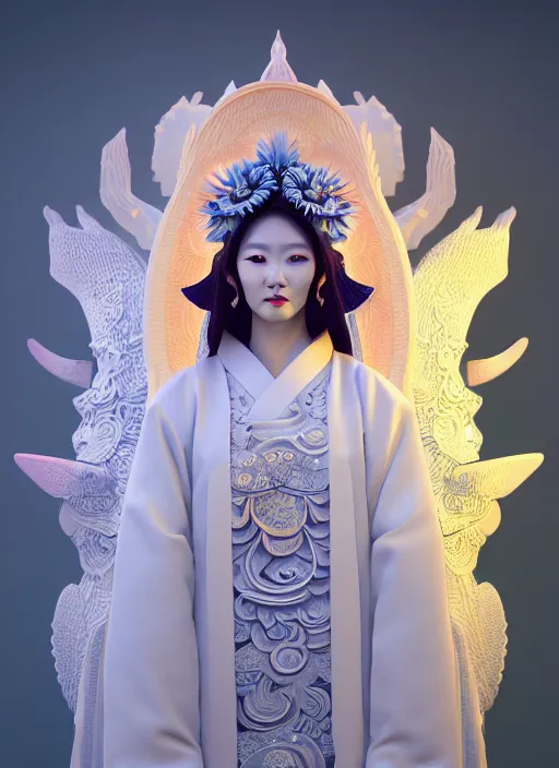 Prompt: 3 d goddess medium shot profile portrait. beautiful intricate highly detailed korean gumiho mask and traditional korean hanbok. stingray, magpie, bio luminescent, plasma, lava, ice, water, wind, creature, fog, artwork by tooth wu and wlop and beeple and greg rutkowski, 8 k trending on artstation,