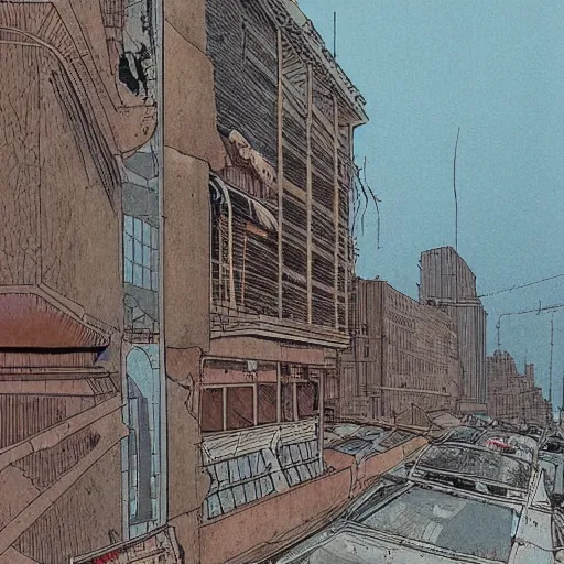 Prompt: crumbling society, dilapidated buildings, overcast skies, muted colors, drawn by moebius