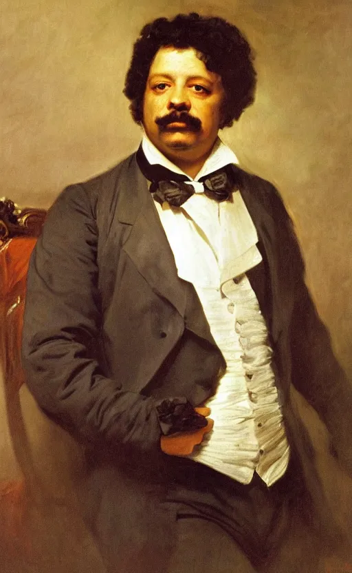 Image similar to Portrait of Alexandre Dumas, oil on canvas, highly detailed, high contrast, by Franz Xaver Winterhalter, Henry Ossawa Tanner, Anthony van Dyck, 8k