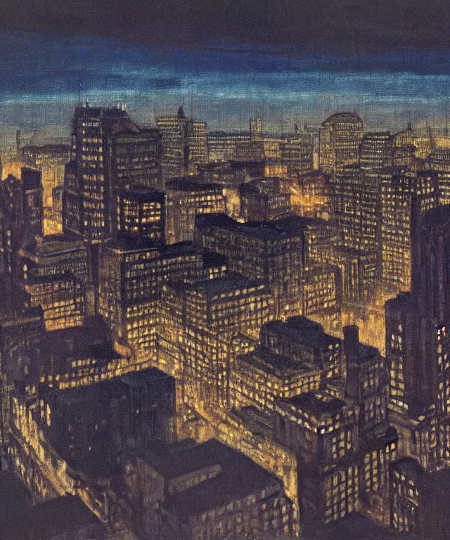 Image similar to horrifying full color photorealistic painting of the view from a 1 9 2 5 a warped view of downtown boston in 1 9 2 5 at night with a cosmic sky viewed from a hotel balcony, dark, atmospheric, brooding, smooth, finely detailed, cinematic, epic, in the style of paul carrick