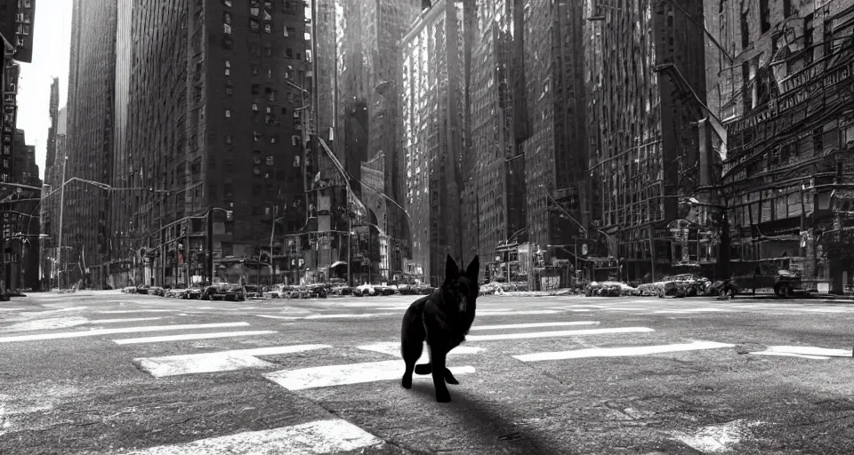 Image similar to the german shepherd of i am legend in new york, manga style, octane render, unreal engine, sundown, empty streets