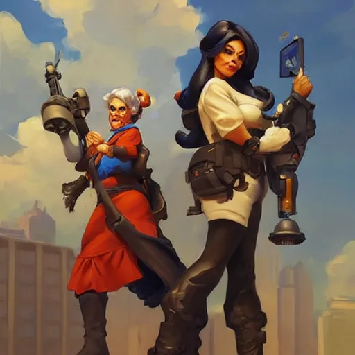 Image similar to greg manchess painting of two old ladies overwatch character, medium shot, asymmetrical, profile picture, organic painting, sunny day, matte painting, bold shapes, hard edges, street art, trending on artstation, by huang guangjian and gil elvgren and sachin teng