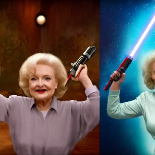 Image similar to betty white dual wielding lightsabers riding a dolphin through space, cinematic, award winning, high budget vfx